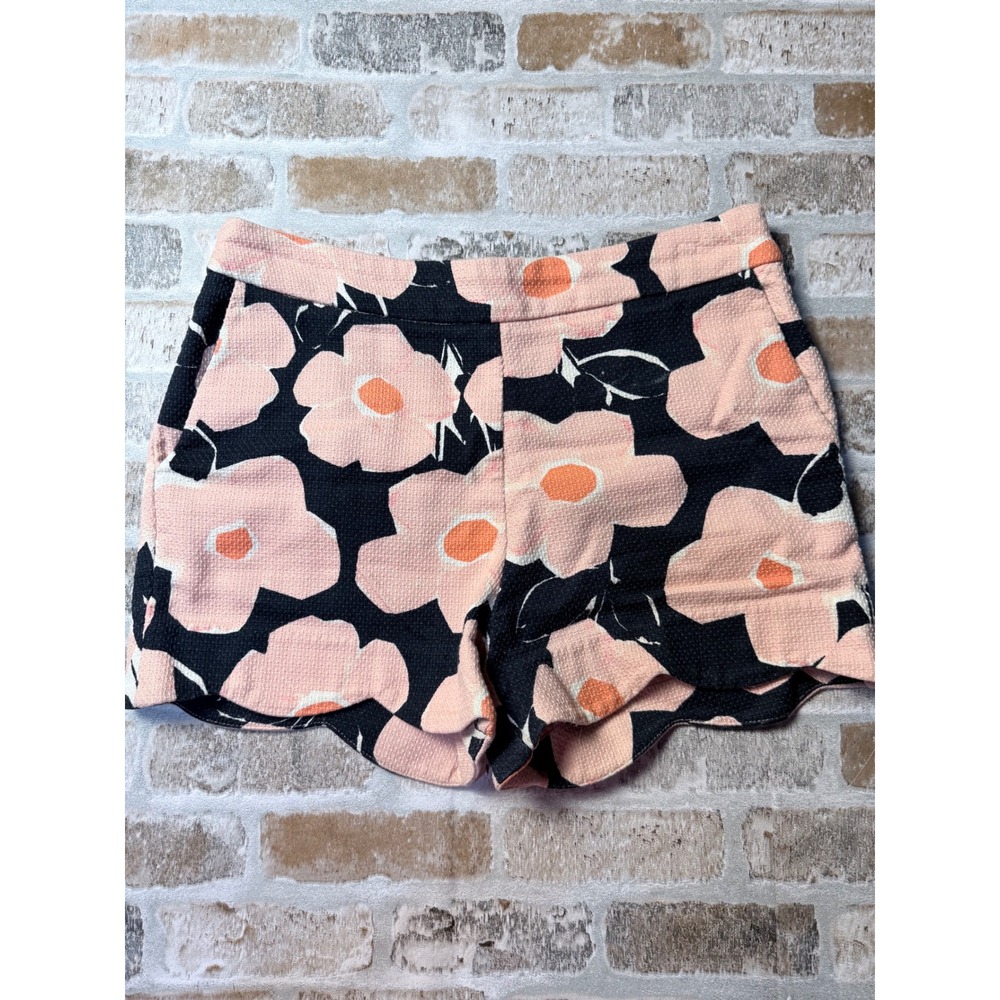 Anthropologie Floral Scalloped Hem Shorts Pink Black Orange Poppy Print Size 4